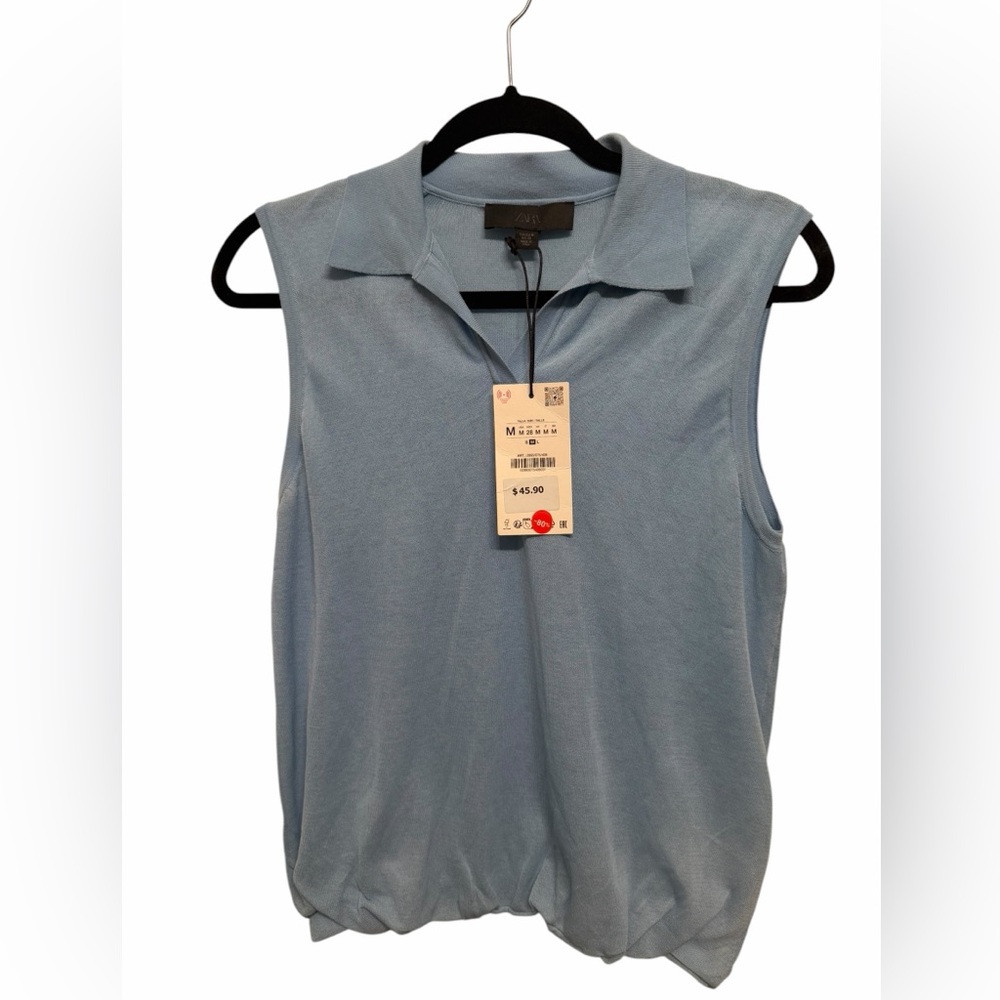 Zara Pale Blue Sleeveless Polo Tank